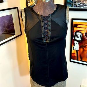 Fabletics Sleeveless Tank Workout Top Black Tie Neck Vegan Leather Detail SZ XS